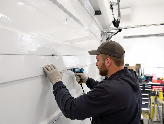 Carson Garage Door Repair technician demonstrating precision dent removal techniques on a Carson garage door