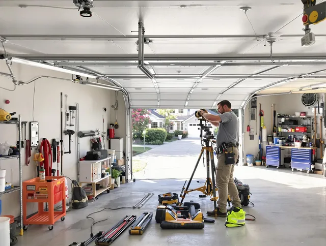 Carson Garage Door Repair specialist performing laser-guided track alignment in Carson